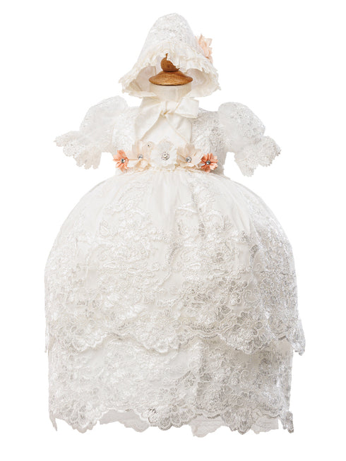 Rain Kids Baby Girls Ivory Puff Sleeve Headband 3 Pc Baptism Gown Set 6-12M - SophiasStyle.com